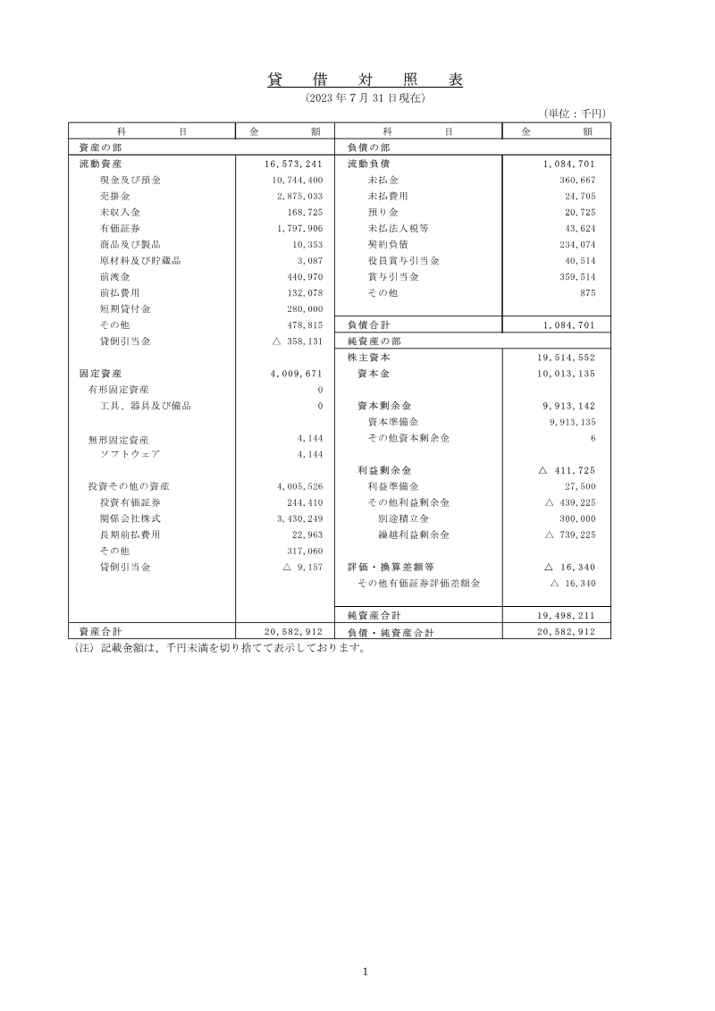 Cover of SNK Corporation Financial Statements: 22nd Fiscal Period Ended July 2023
