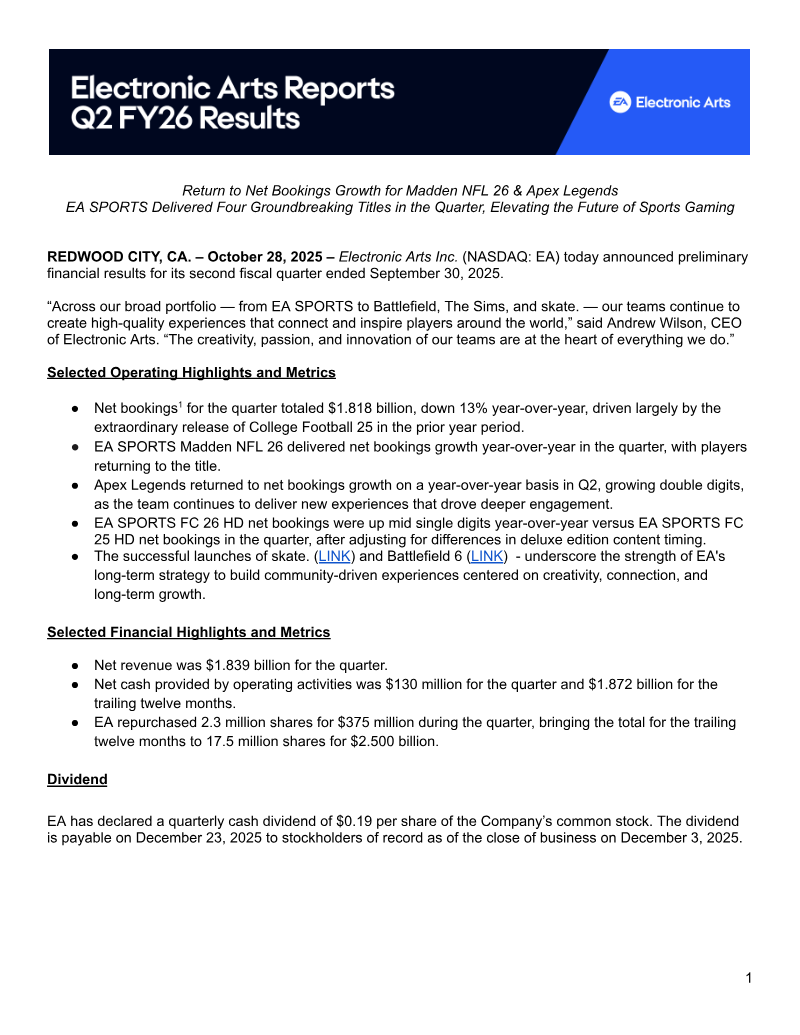 Cover of Electronic Arts Q2 FY26 Earnings Results