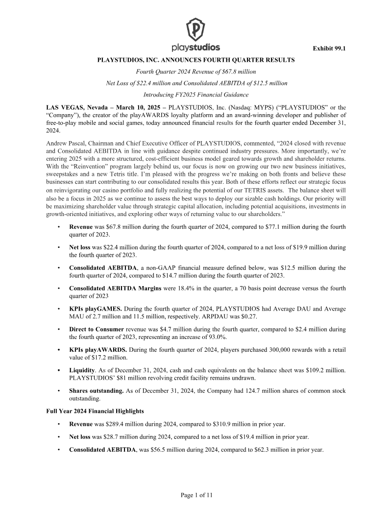 Cover of PLAYSTUDIOS Fourth Quarter 2024 Financial Results