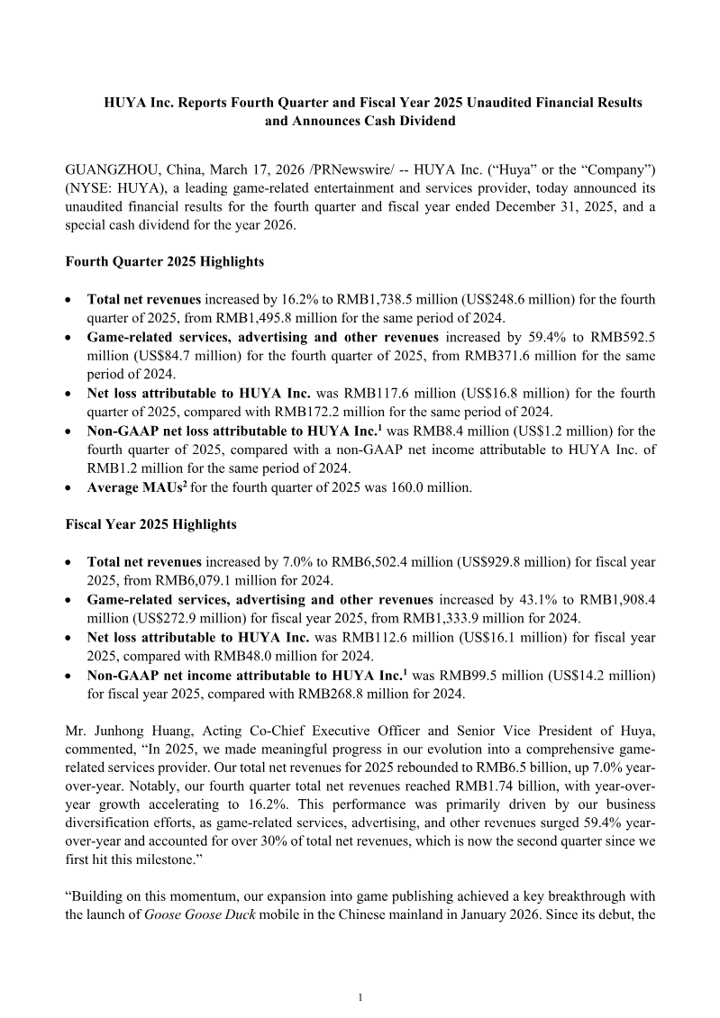 Cover of HUYA Inc. Fourth Quarter and Fiscal Year 2025 Financial Results