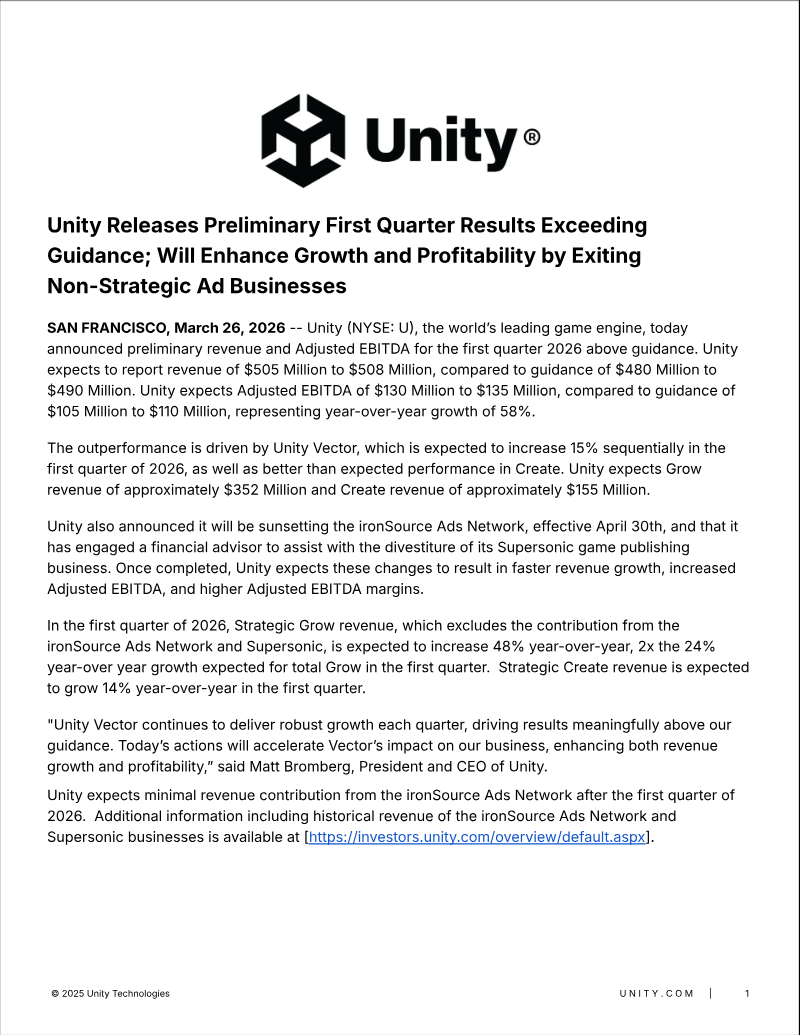 Cover of Unity Q1 2026 Preliminary Results