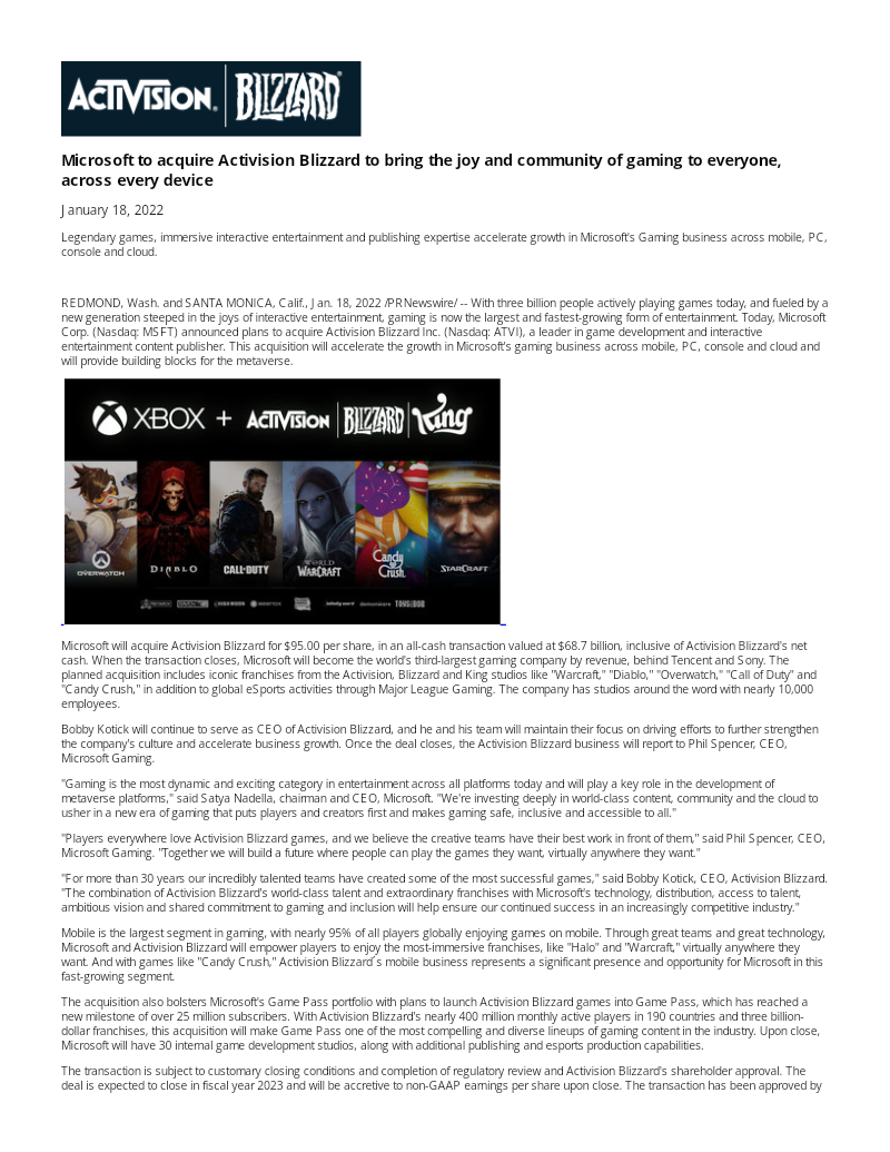Cover of Microsoft to Acquire Activision Blizzard