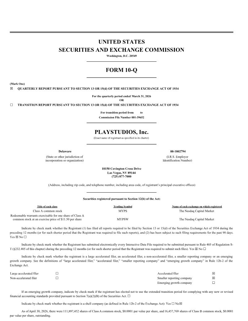 Cover of PLAYSTUDIOS, Inc. Form 10-Q