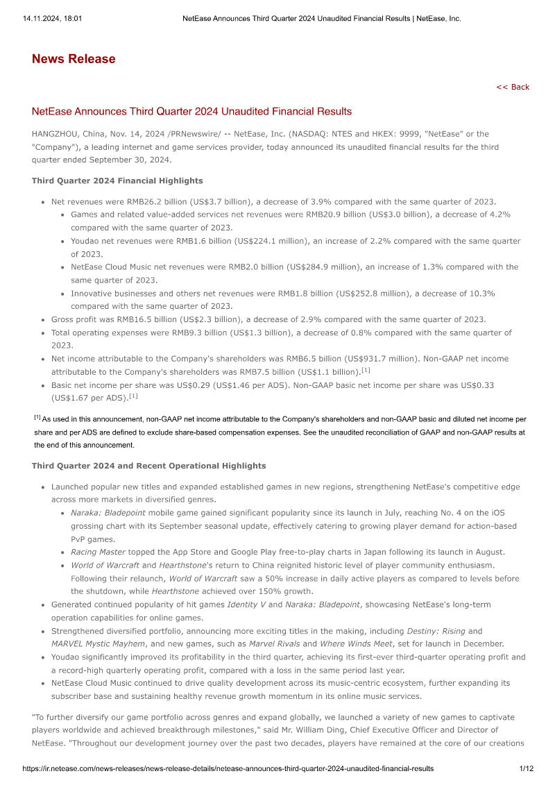 Cover of NetEase Announces Third Quarter 2024 Unaudited Financial Results