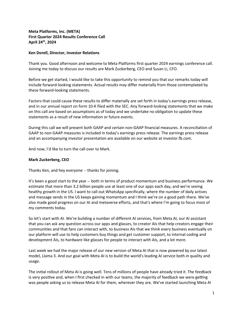 Cover of Meta Platforms First Quarter 2024 Results Conference Call