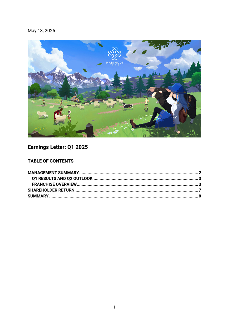 Cover of Nexon Q1 2025 Earnings Letter