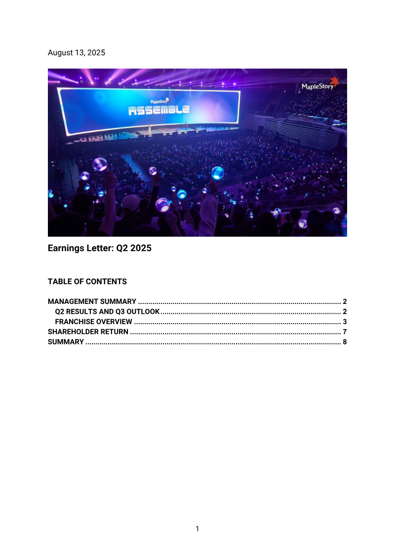 Cover of Nexon Q2 2025 Earnings Letter