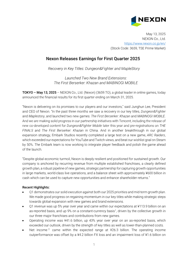 Cover of Nexon Releases Earnings for First Quarter 2025