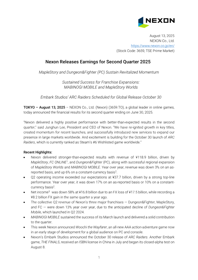 Cover of Nexon Earnings Results: Second Quarter 2025