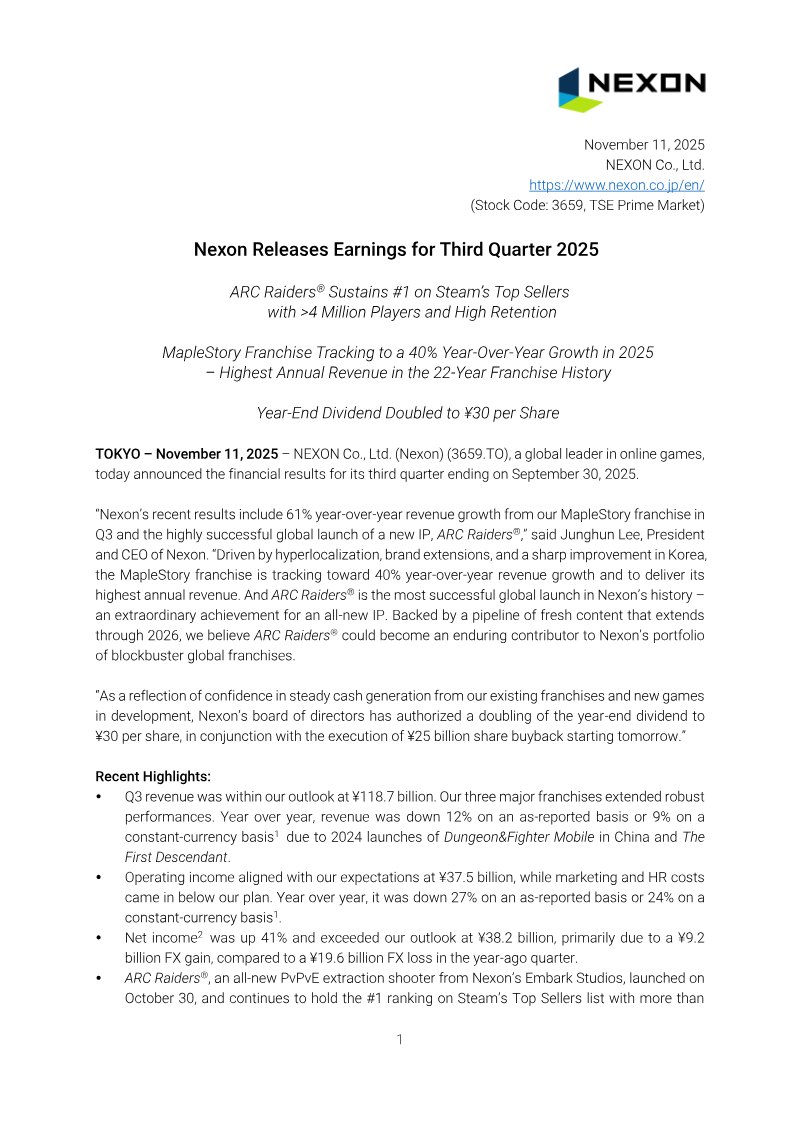 Cover of Nexon Releases Earnings for Third Quarter 2025