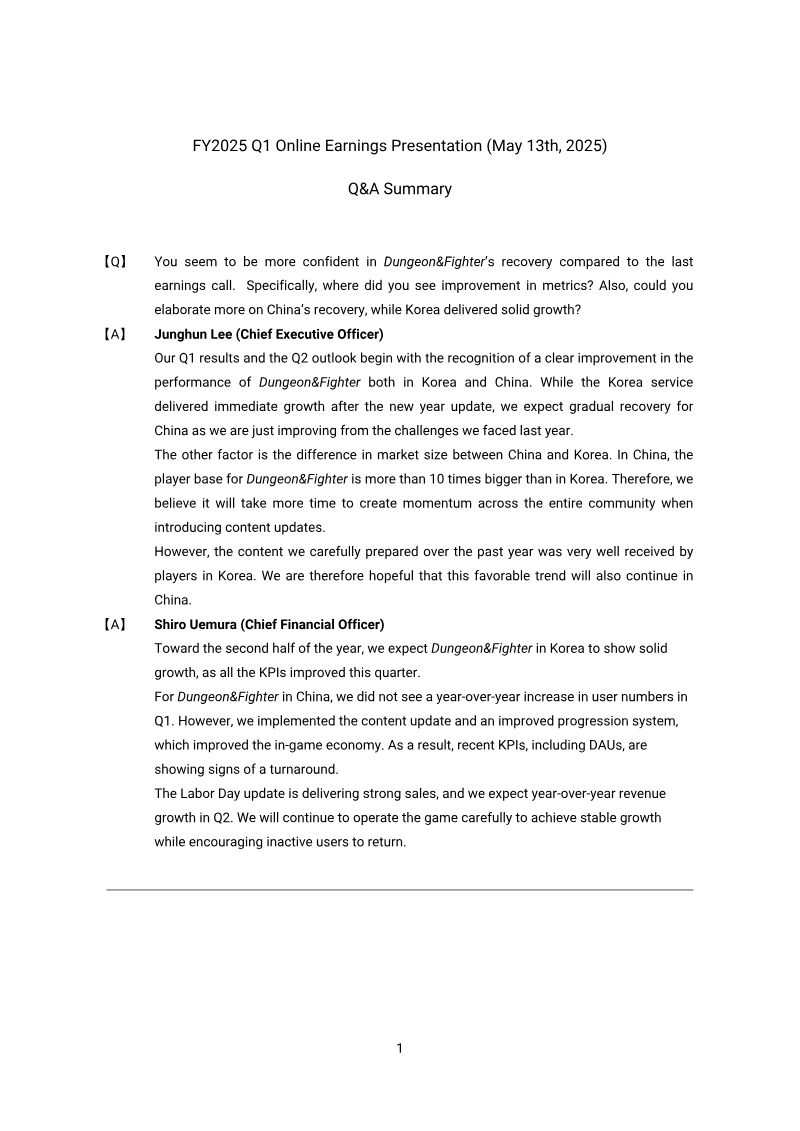 Cover of Nexon FY2025 Q1 Online Earnings Presentation: Q&A Summary
