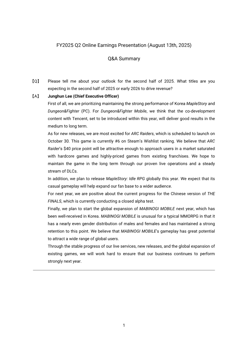 Cover of FY2025 Q2 Online Earnings Presentation: Q&A Summary