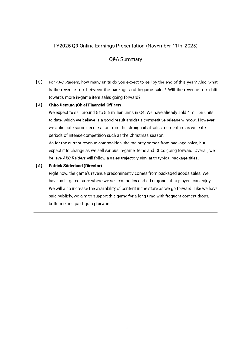 Cover of FY2025 Q3 Online Earnings Presentation: Q&A Summary