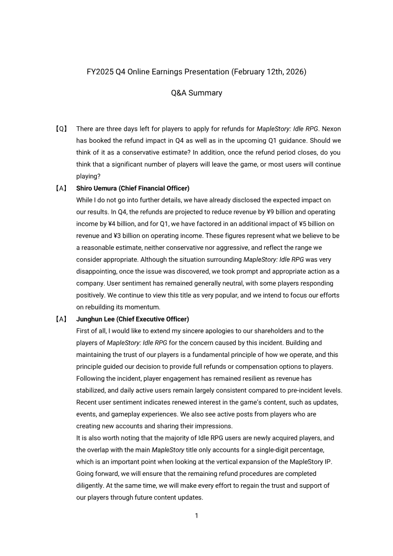 Cover of Nexon FY2025 Q4 Online Earnings Presentation: Q&A Summary