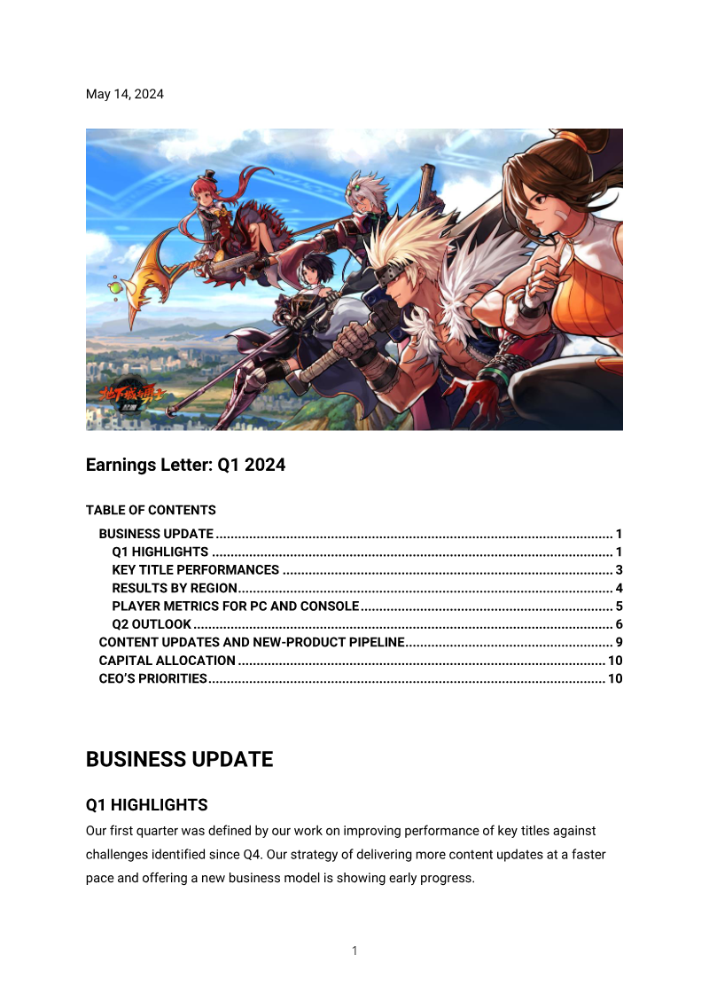 Cover of Nexon Q1 2024 Earnings Letter