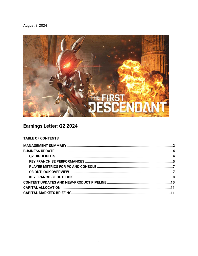 Cover of The First Descendant: Earnings Letter Q2 2024