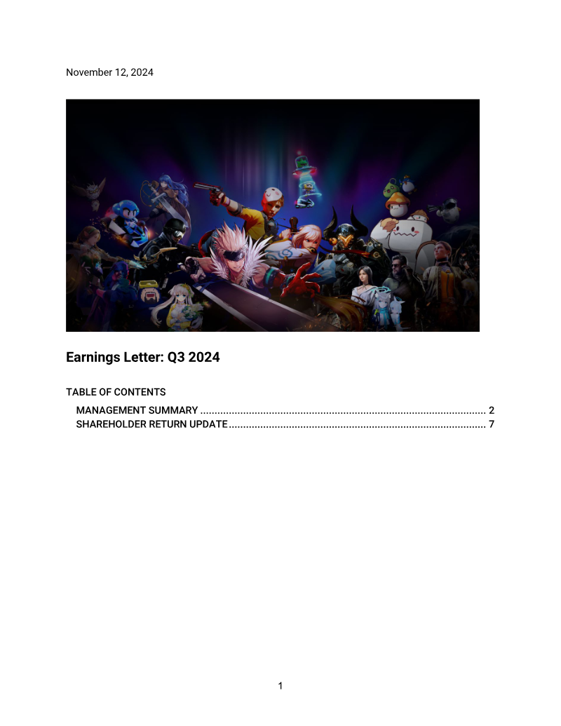 Cover of Nexon Q3 2024 Earnings Letter