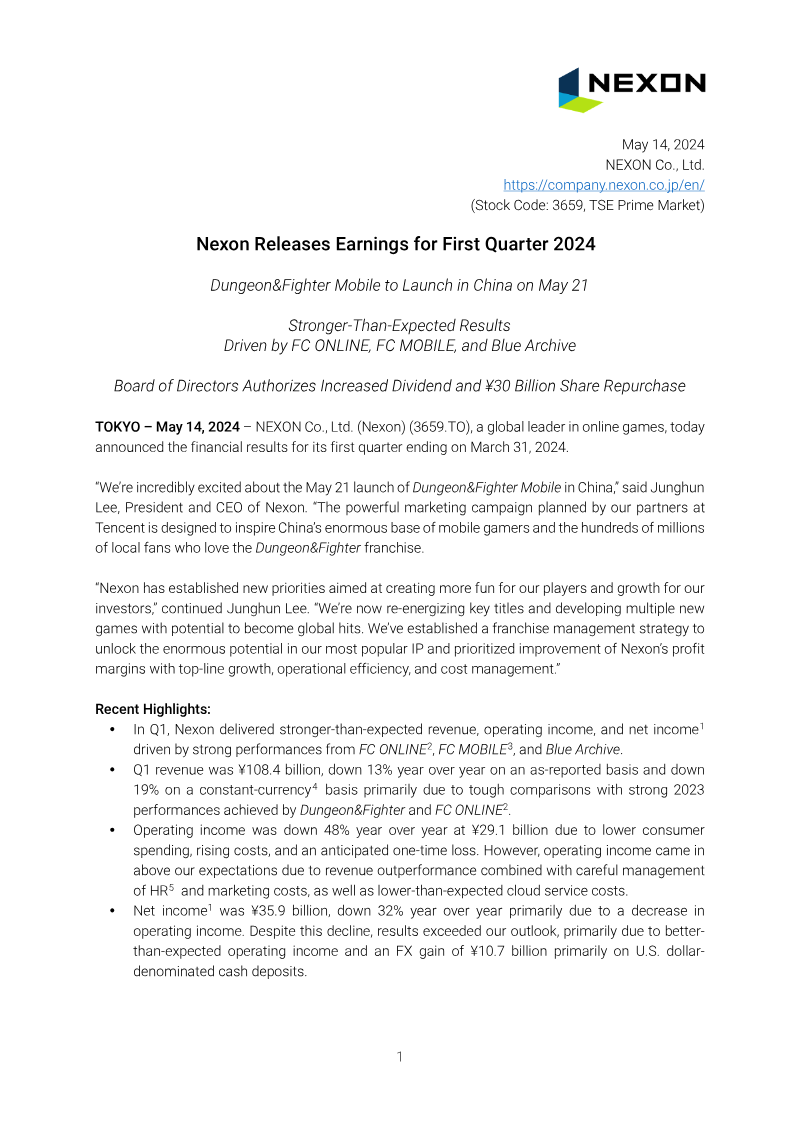 Cover of Nexon Earnings Results: First Quarter 2024
