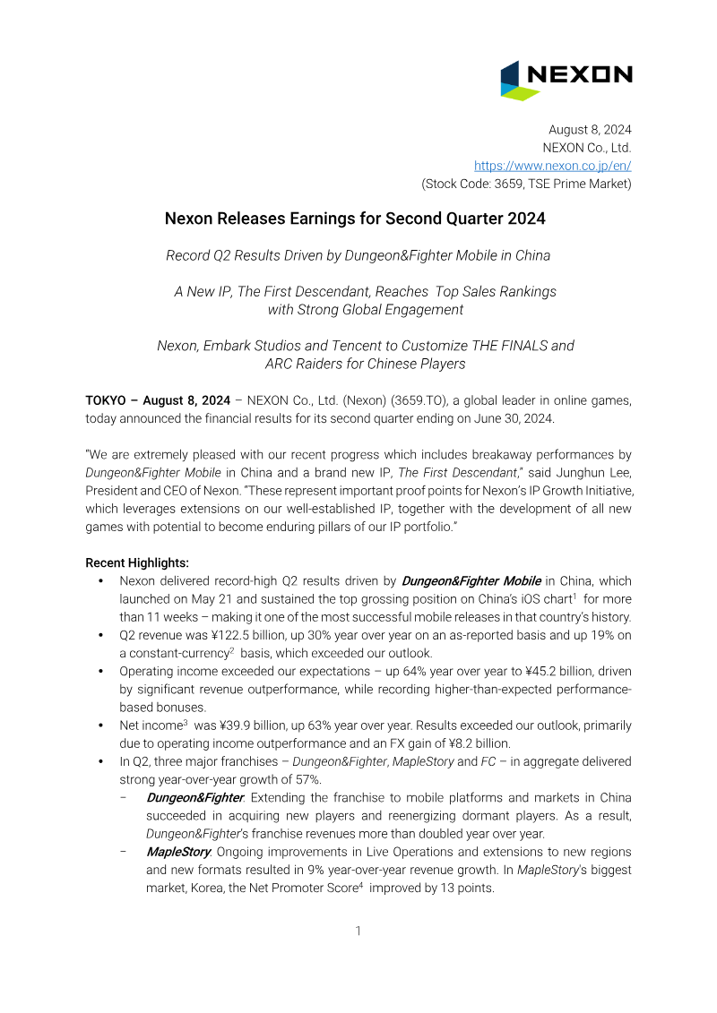 Cover of Nexon Releases Earnings for Second Quarter 2024