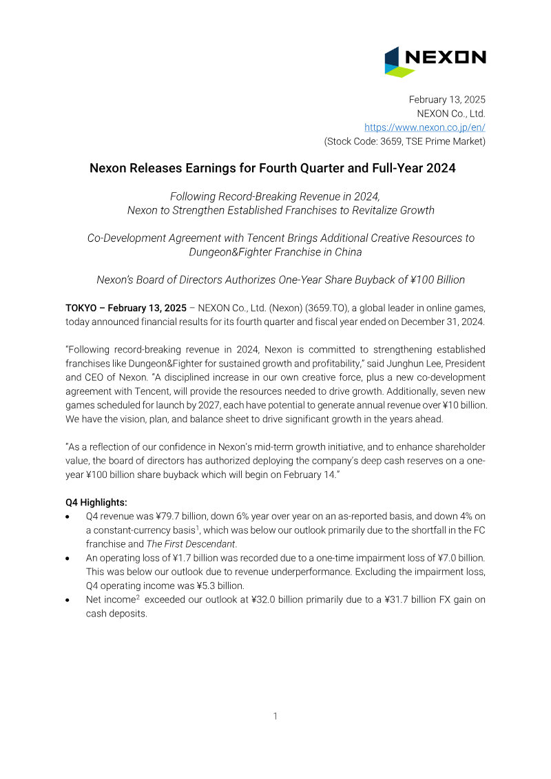 Cover of Nexon Fourth Quarter and Full-Year 2024 Financial Results