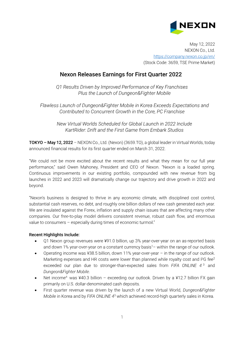 Cover of Nexon Earnings for First Quarter 2022