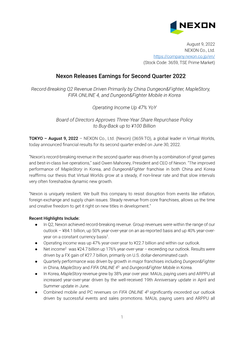 Cover of Nexon Releases Earnings for Second Quarter 2022
