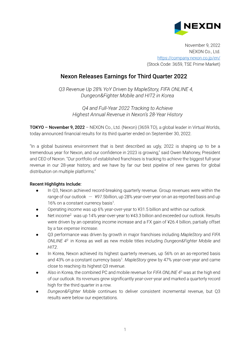 Cover of Nexon Releases Earnings for Third Quarter 2022