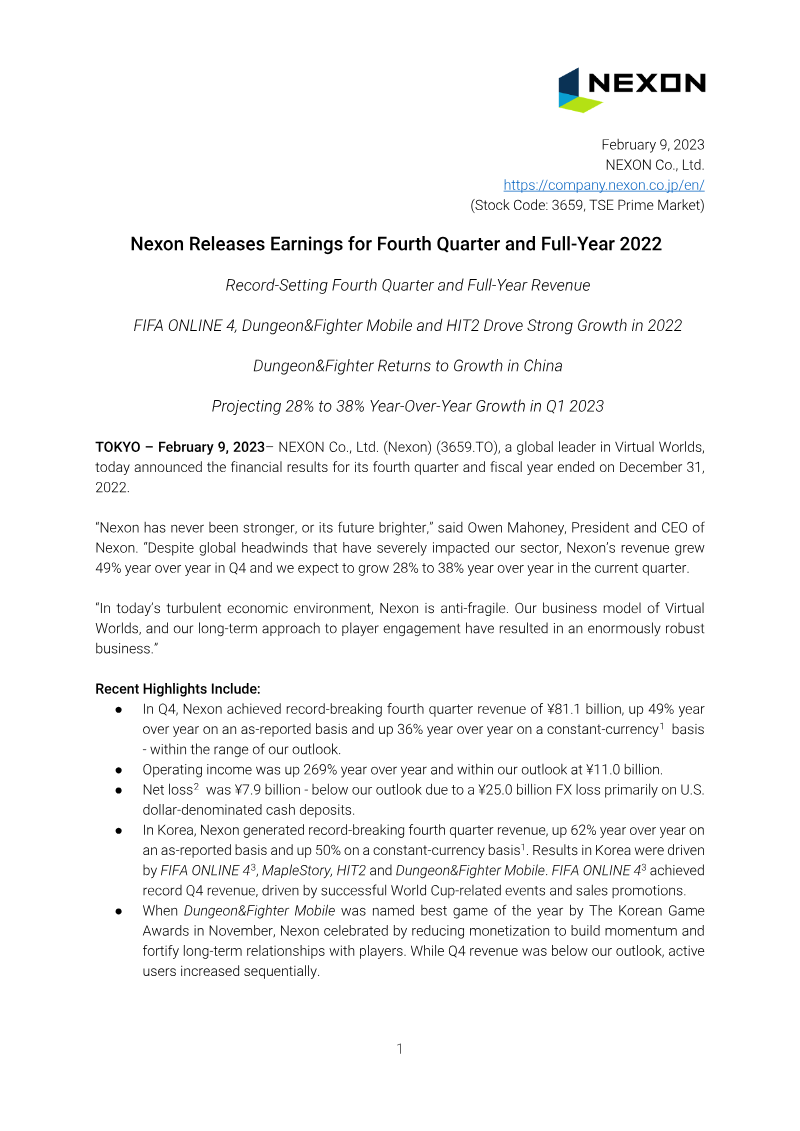 Cover of Nexon Fourth Quarter and Full-Year 2022 Financial Results