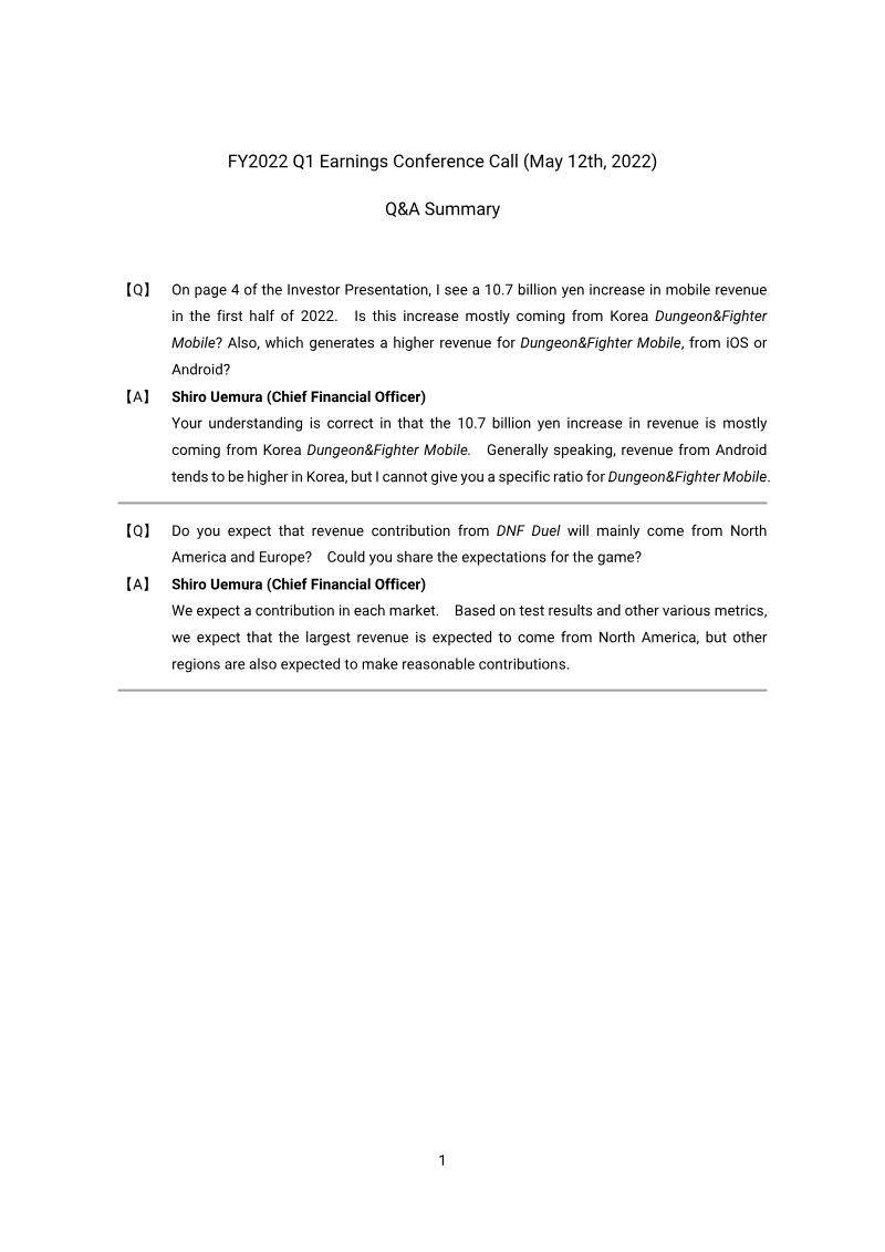Cover of Nexon FY2022 Q1 Earnings Conference Call: Q&A Summary