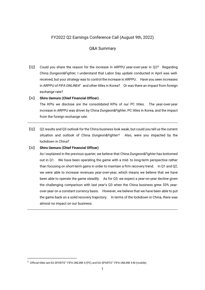 Cover of NEXON FY2022 Q2 Earnings Conference Call: Q&A Summary