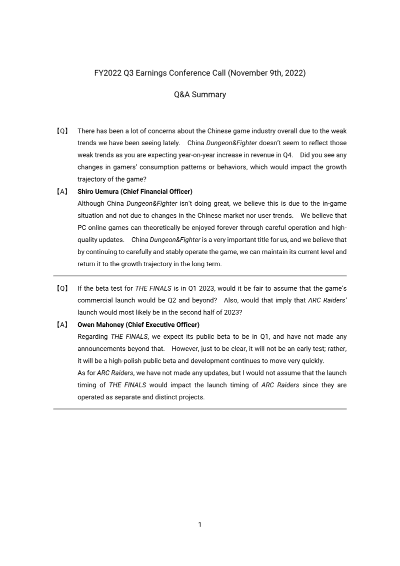 Cover of Nexon FY2022 Q3 Earnings Conference Call: Q&A Summary