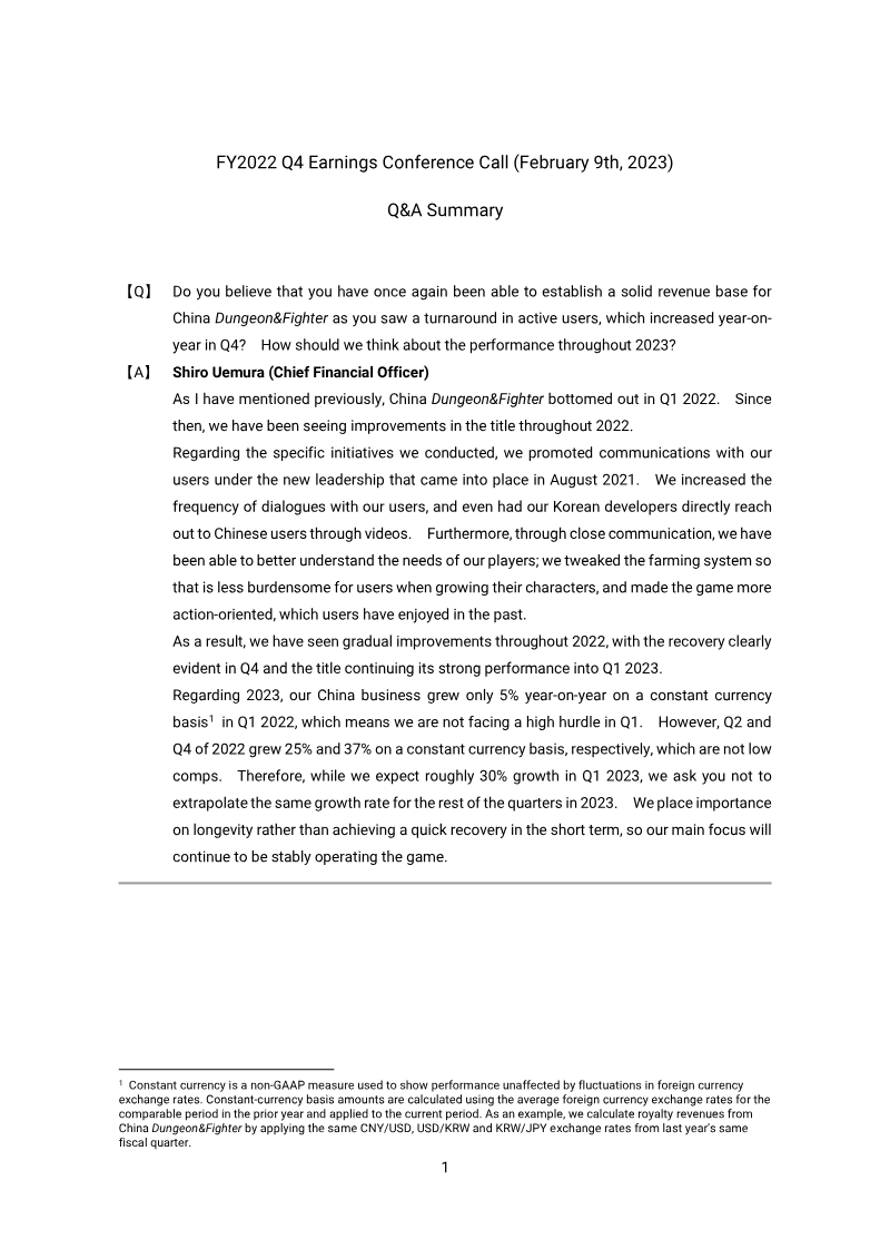 Cover of NEXON FY2022 Q4 Earnings Conference Call: Q&A Summary