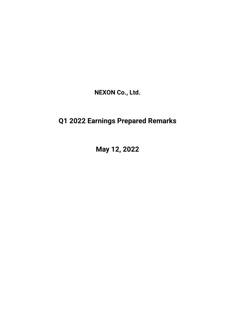 Cover of Nexon Q1 2022 Earnings Prepared Remarks