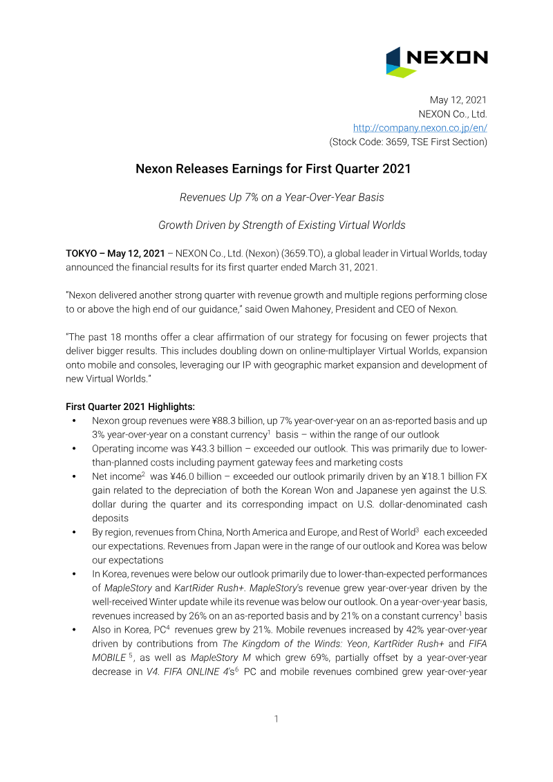 Cover of Nexon Earnings for First Quarter 2021