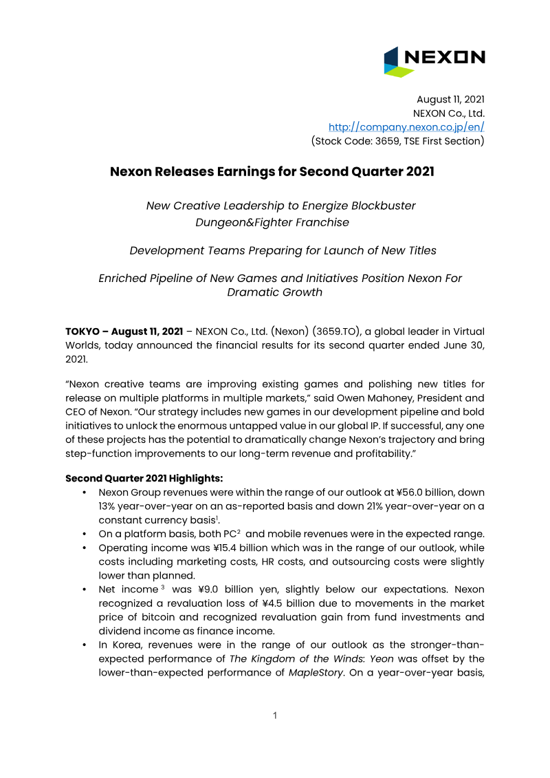Cover of Nexon Earnings for Second Quarter 2021