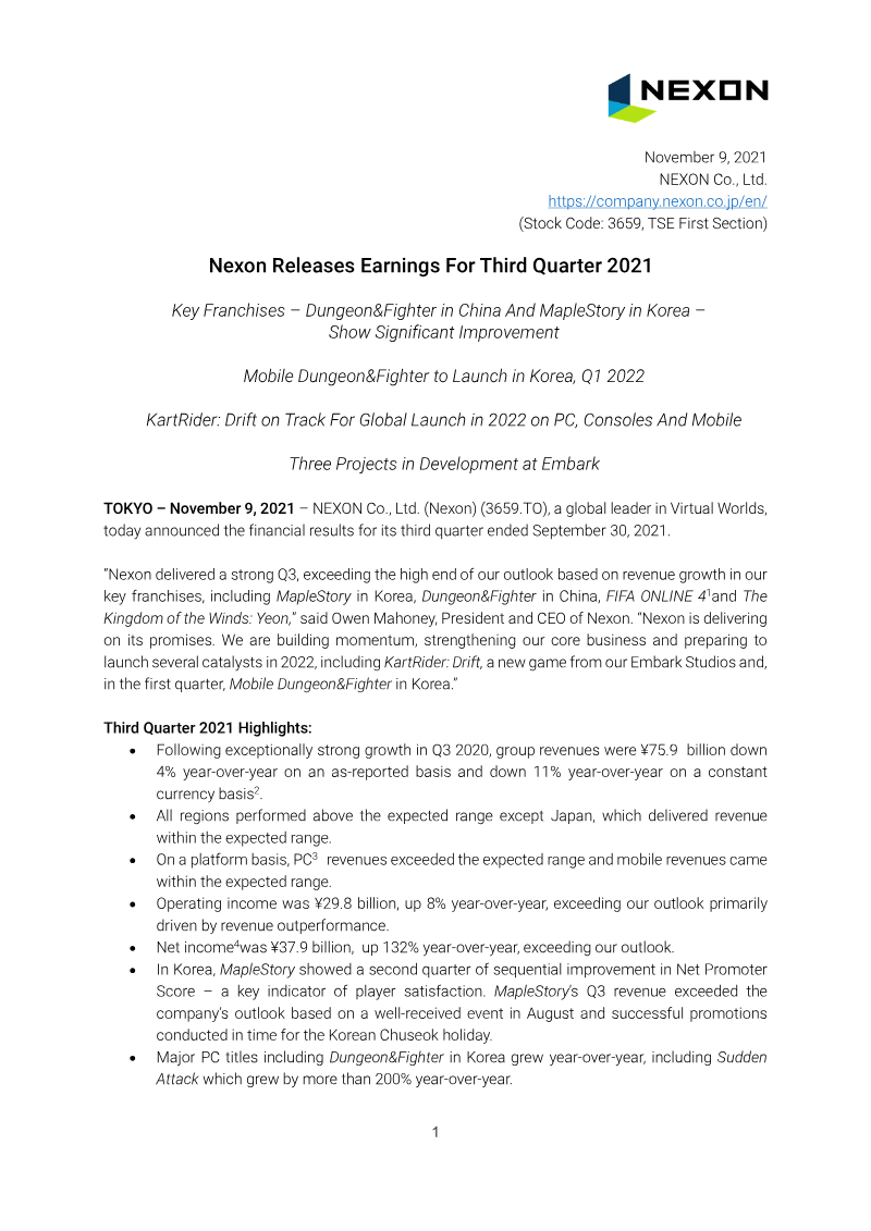 Cover of Nexon Earnings for Third Quarter 2021