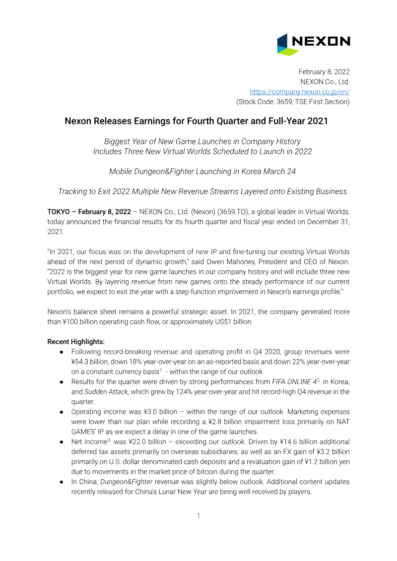 Cover of Nexon Earnings for Fourth Quarter and Full-Year 2021