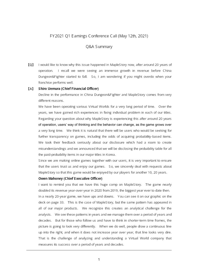 Cover of NEXON Q1 2021 Earnings Conference Call: Q&A Summary