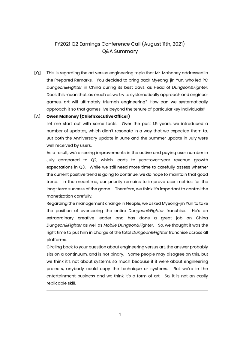 Cover of NEXON Q2 2021 Earnings Conference Call Q&A Summary
