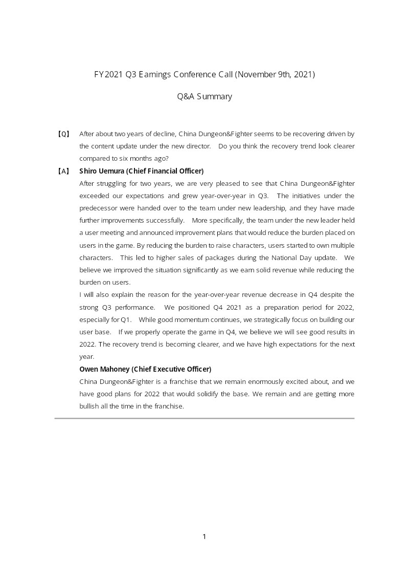 Cover of NEXON FY2021 Q3 Earnings Conference Call: Q&A Summary