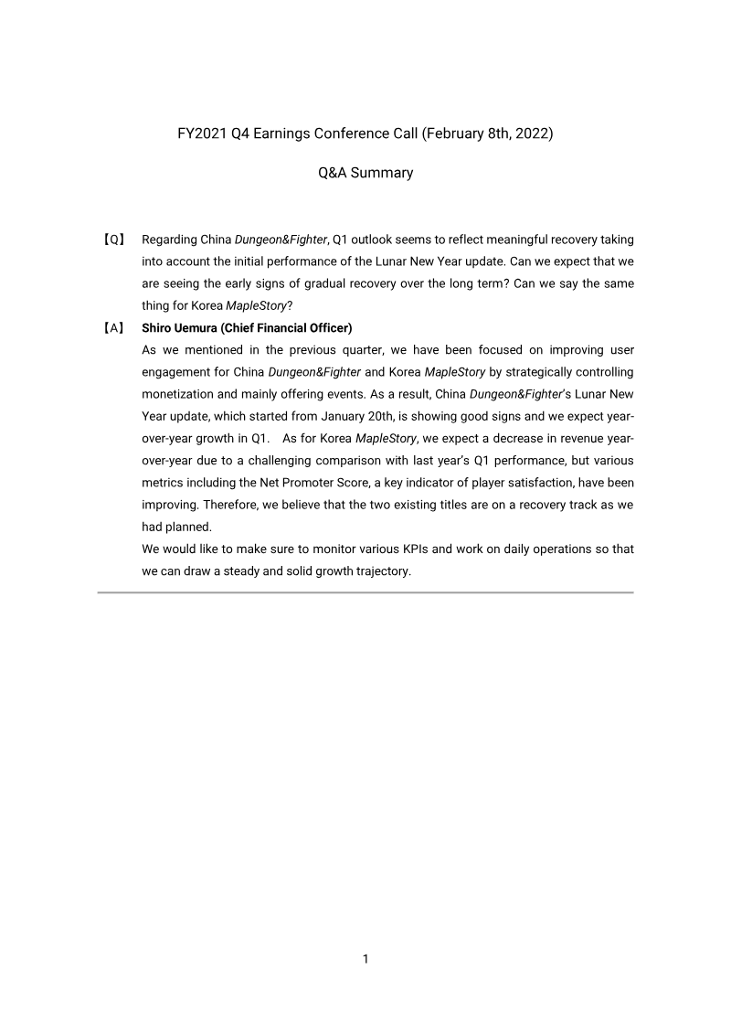 Cover of NEXON FY2021 Q4 Earnings Conference Call: Q&A Summary