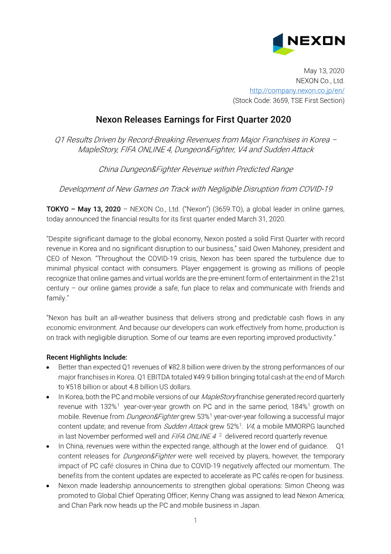 Cover of Nexon Earnings for First Quarter 2020