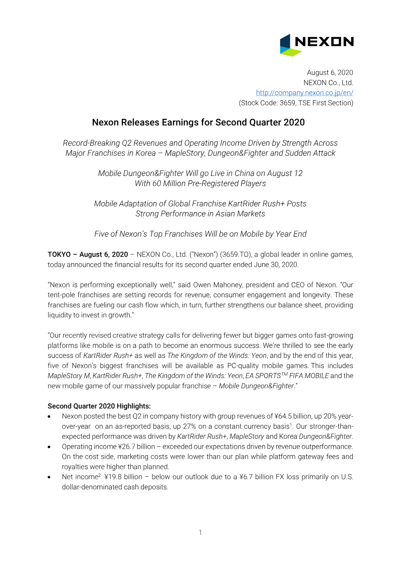 Cover of Nexon Earnings for Second Quarter 2020