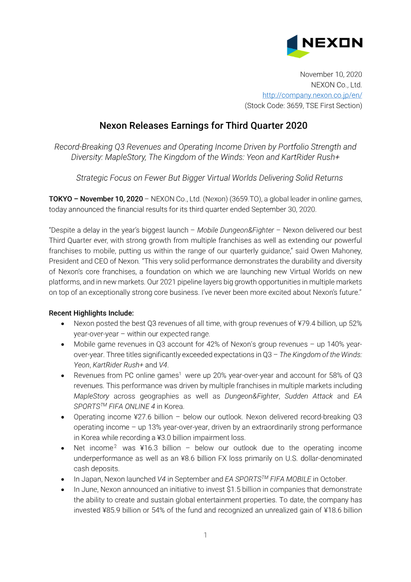 Cover of Nexon Q3 2020 Earnings Results