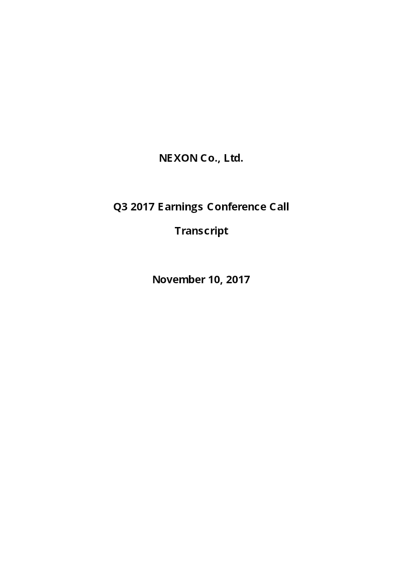 Cover of NEXON Q3 2017 Earnings Conference Call Transcript
