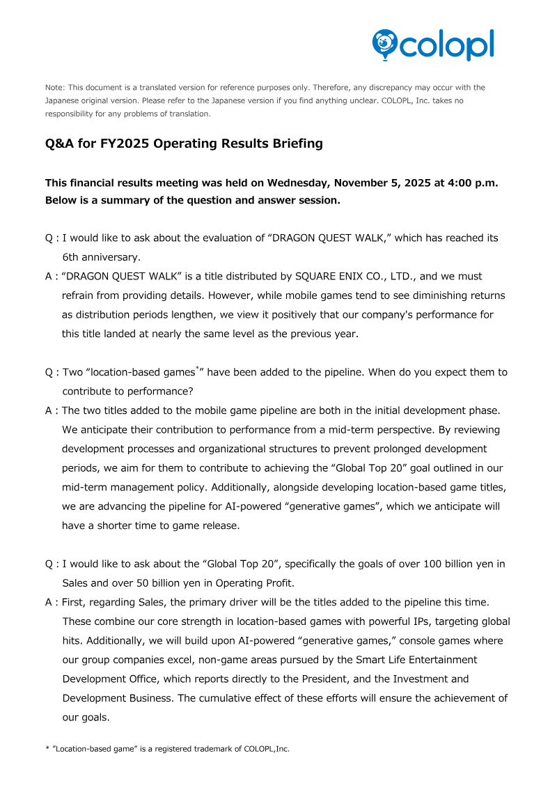 Cover of COLOPL FY2025 Operating Results Briefing: Q&A Summary