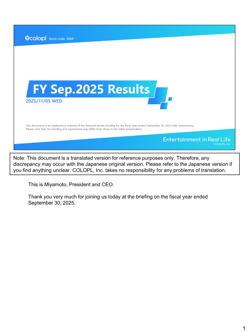 Cover of COLOPL FY Sep.2025 Financial Results