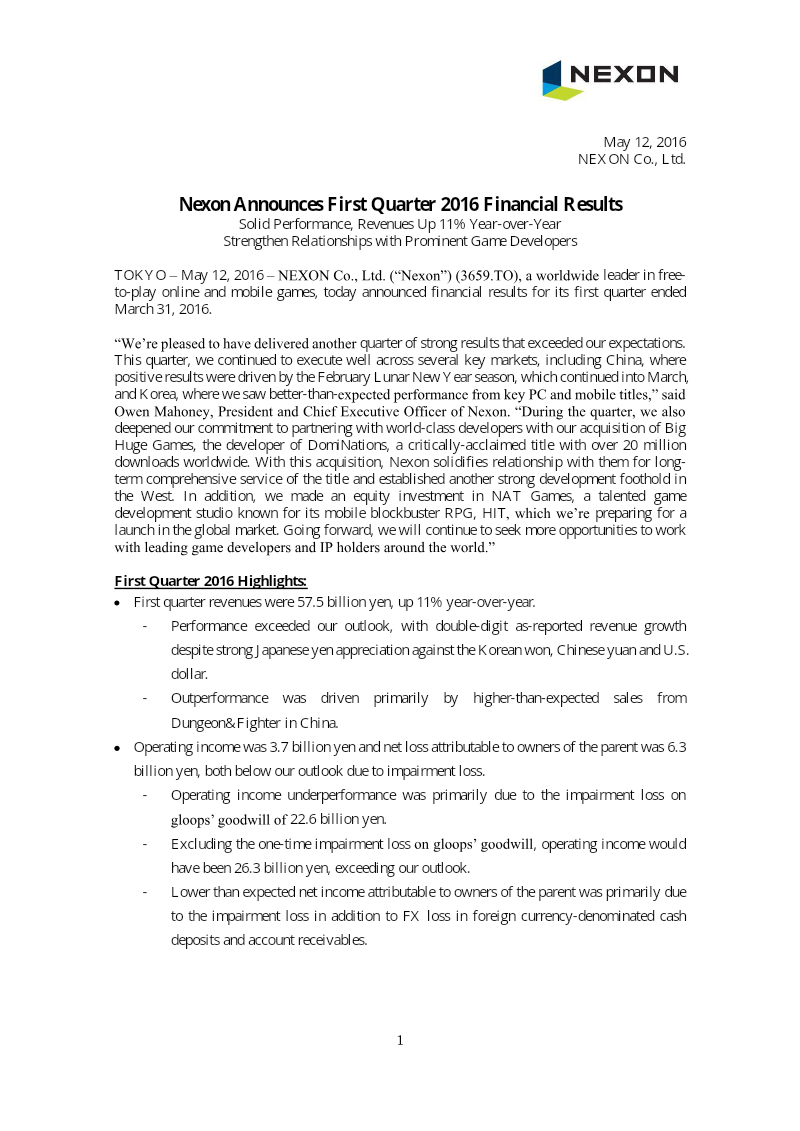 Cover of Nexon First Quarter 2016 Financial Results