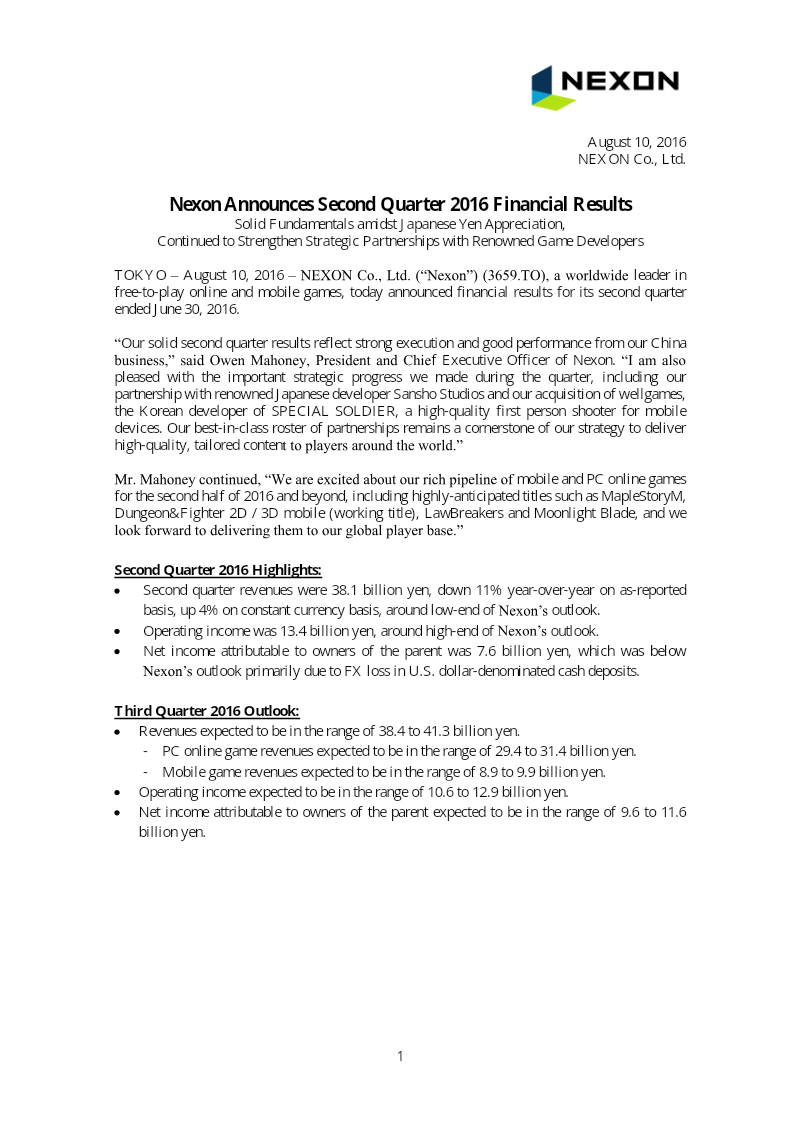 Cover of Nexon Second Quarter 2016 Financial Results