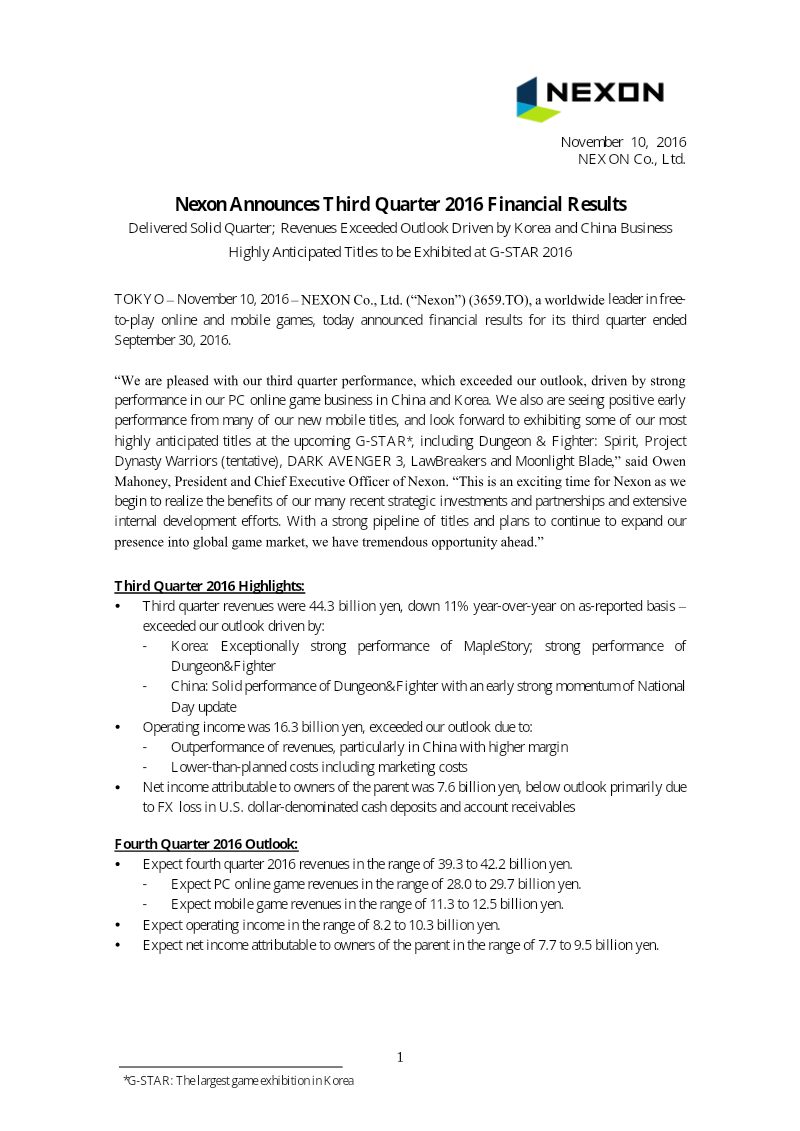 Cover of Nexon Third Quarter 2016 Financial Results